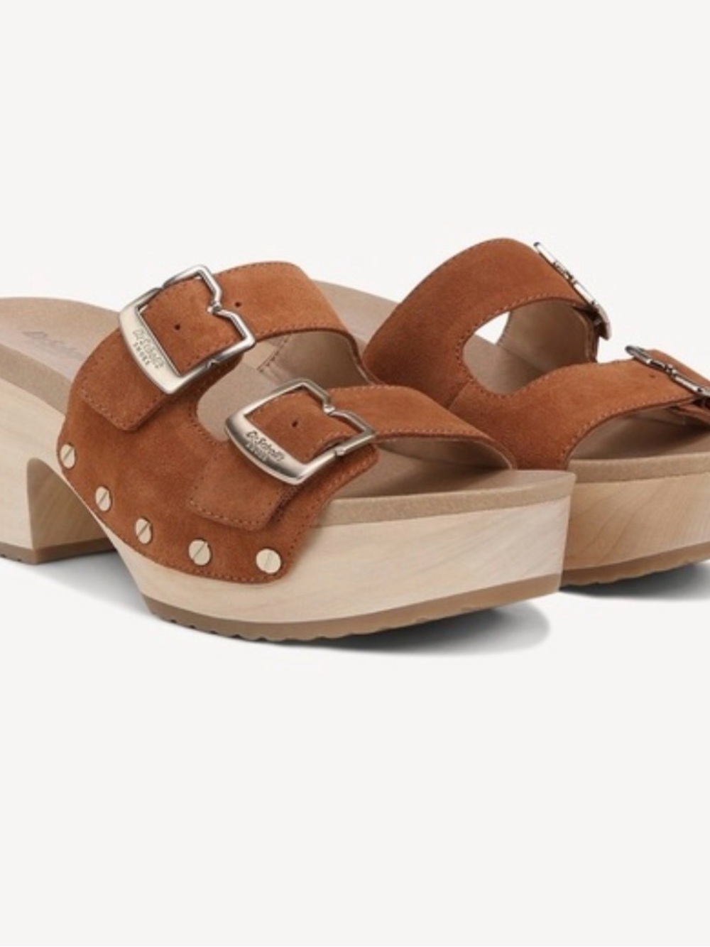 Dr. Scholl's Tan Suede Double-Buckle Clog Mules
